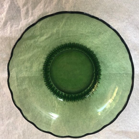 EO BRODY COMPANY GREEN GLASS BOWL SCALLOPED EDGE RIBBED PEDESTAL M2000 - Picture 3 of 9